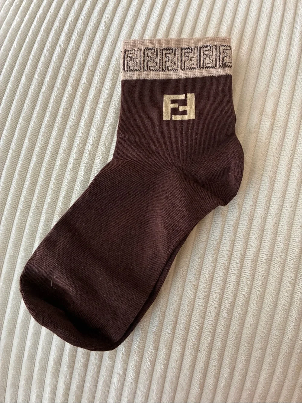 Fendi Men's Brown Crew Socks with Cream Logo Cuff